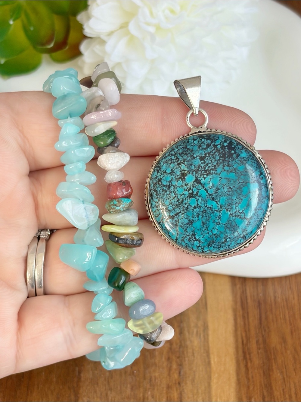 Arizona Turquoise Pendant Round Gemstone Bracelets Set Sterling Silver 925 Overl